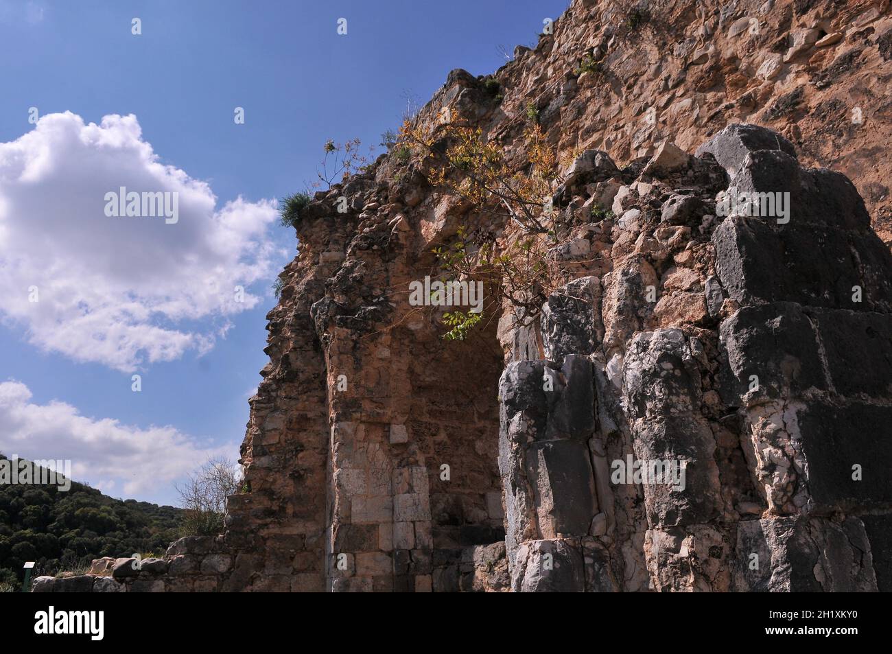 Château de Montfort. QAl'at al-Qurain ou QAl'at al-Qarn - 'Château de la petite Corne' un château Crusader en ruines dans la région de la haute Galilée. Ruines de Monfo Banque D'Images