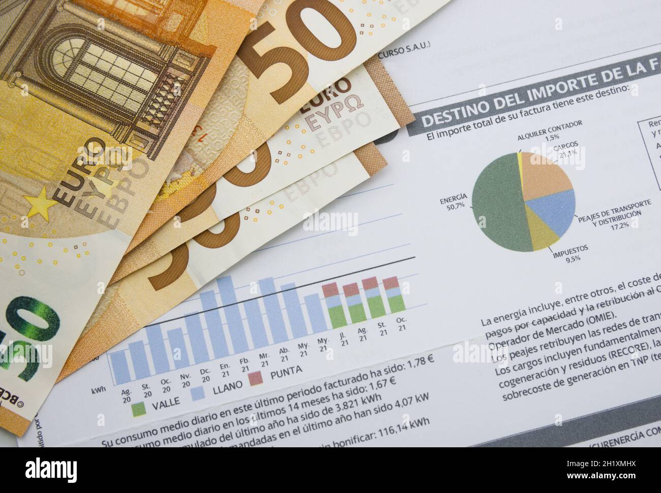 Image d'une facture d'électricité de dernier recours d'un client espagnol préoccupé par le prix de l'électricité à côté de 50 euros de factures.Concept économique de l'ainsi Banque D'Images