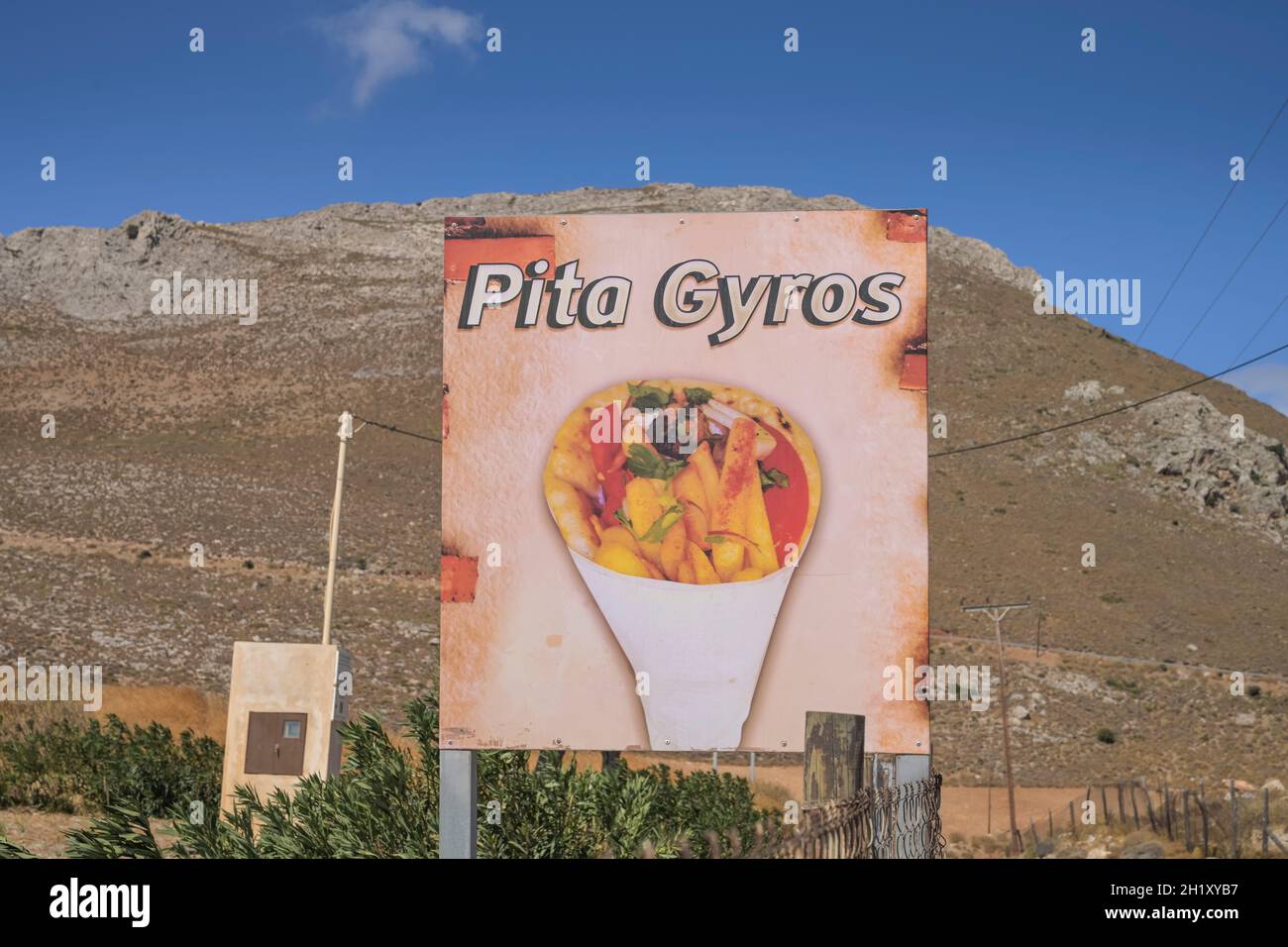 Werbeschild Pita Gyros, Preveli, Kreta, Griechenland Banque D'Images