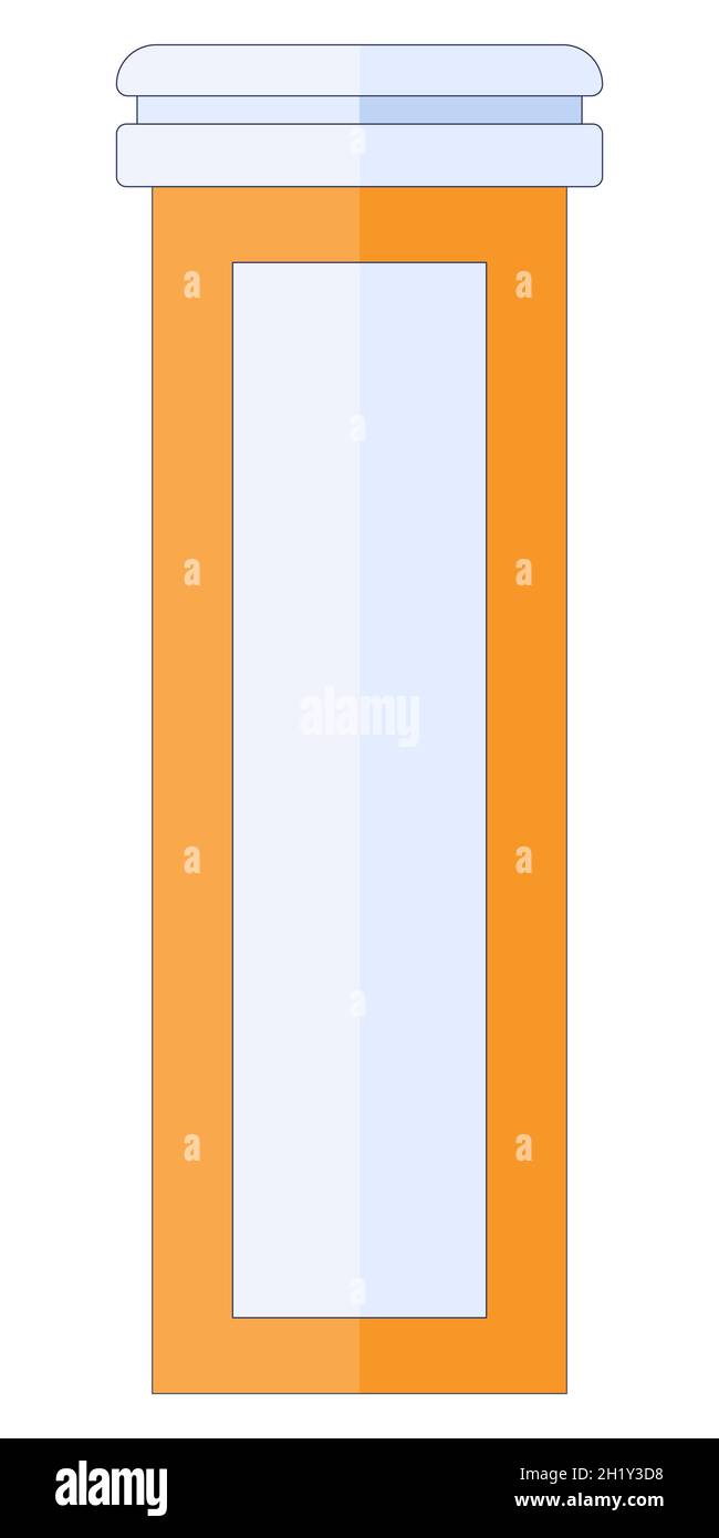 Icône de bouteille de pilule dans un style plat, médicament plastique orange contenant de pilule, illustration isolée sur un fond blanc. Illustration de Vecteur