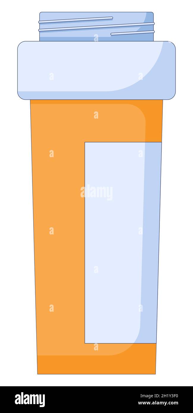 Icône de bouteille de pilule dans un style plat, médicament plastique orange contenant de pilule, illustration isolée sur un fond blanc. Illustration de Vecteur