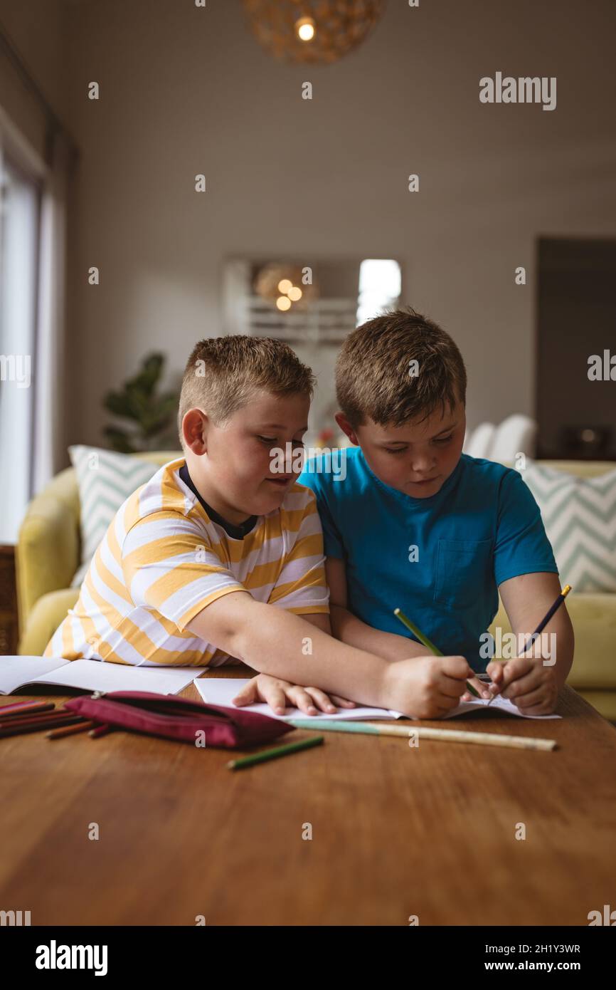 Deux garçons caucasiens qui se rassemblent dans un livre assis dans la salle de séjour à la maison Banque D'Images