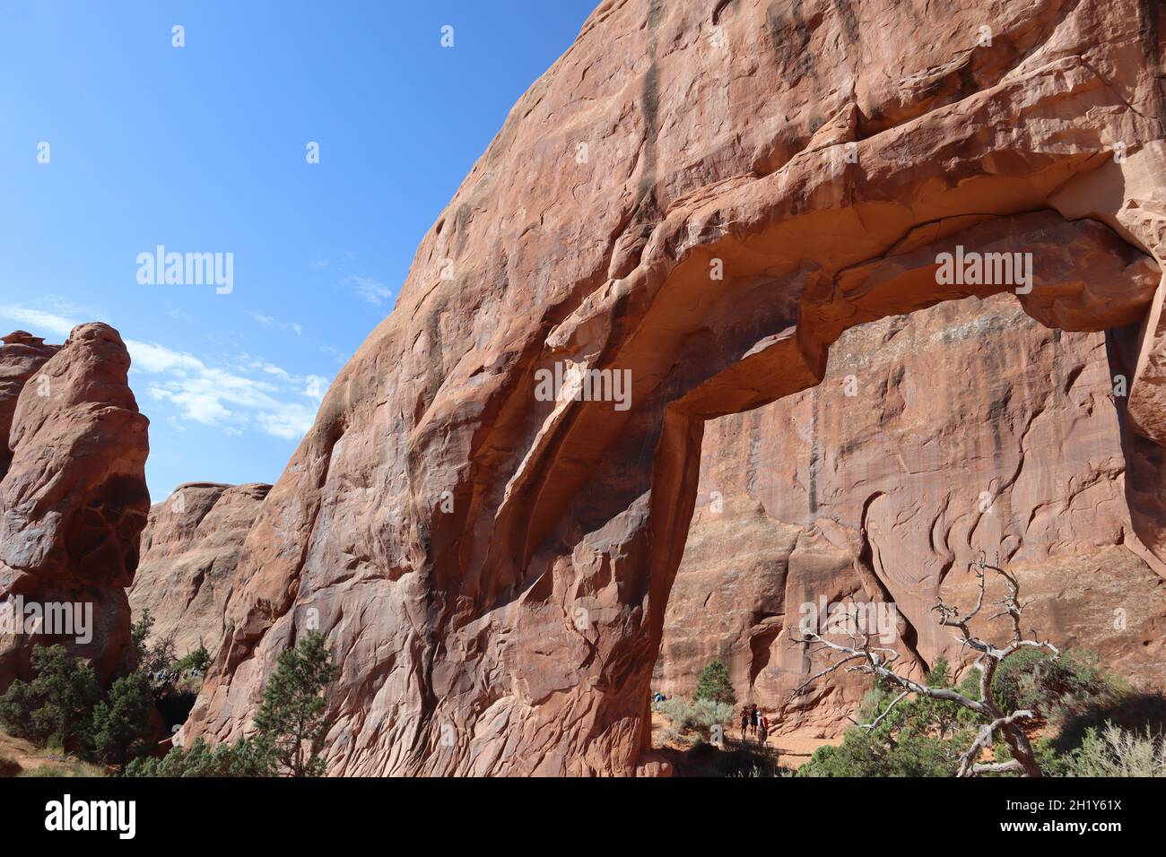 Vue imprenable sur une grande arche au milieu d'un paysage de roches rouges sauvages dans le parc national d'Arches près de Moab, Utah Banque D'Images