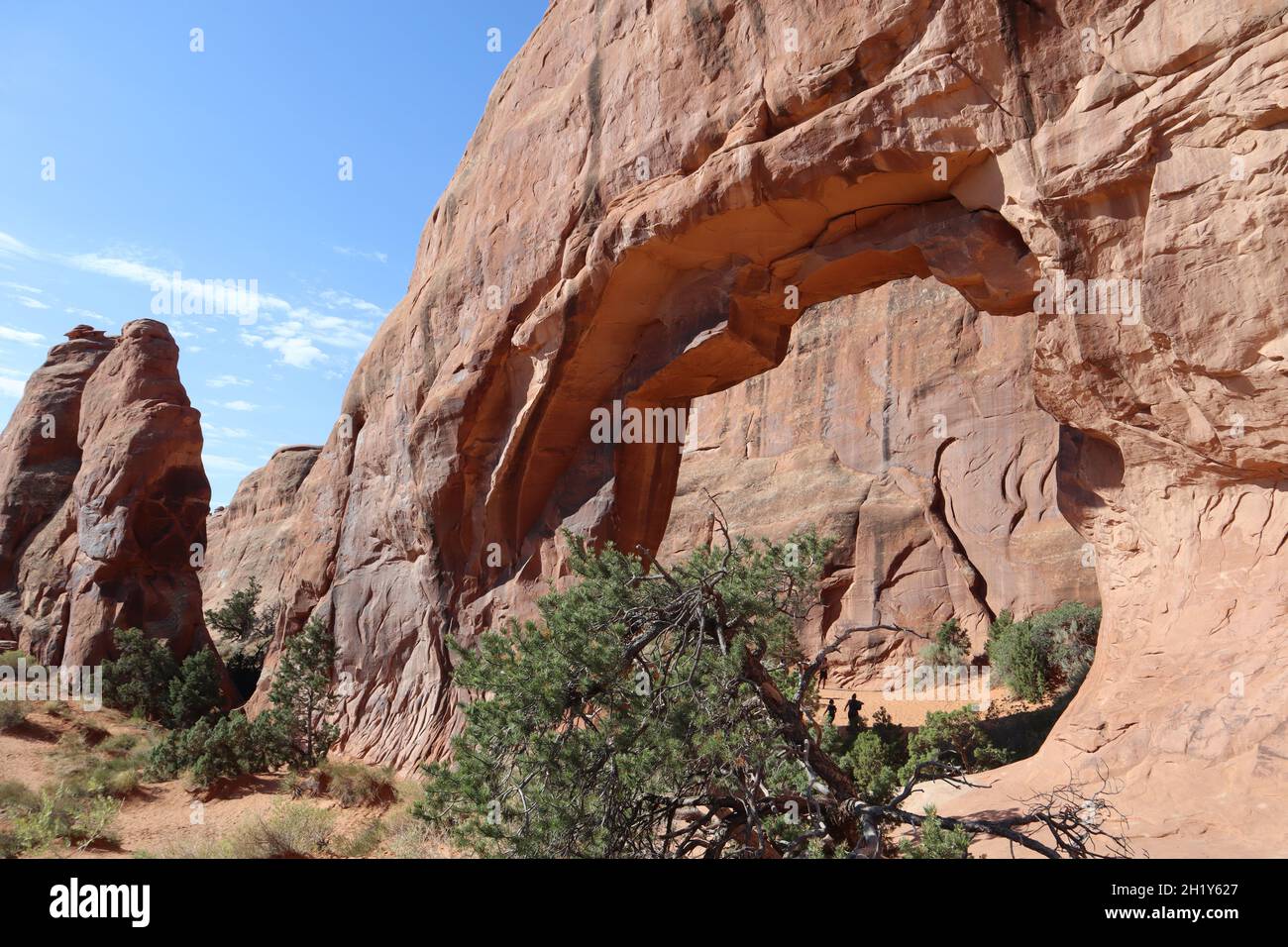 Vue imprenable sur une grande arche au milieu d'un paysage de roches rouges sauvages dans le parc national d'Arches près de Moab, Utah Banque D'Images