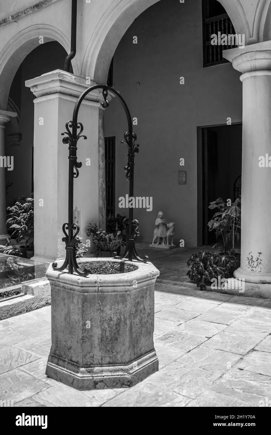 Photo en niveaux de gris d'un puits d'eau dans le jardin à Habana, Cuba Banque D'Images