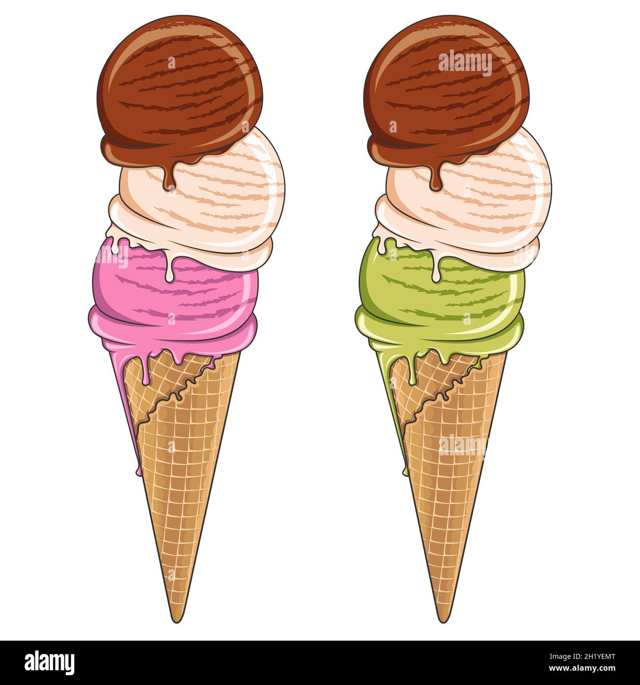 Ensemble de crème glacée savoureuse, trois boules de couleurs différentes.Illustration de couleur vectorielle.Objets isolés sur fond blanc. Illustration de Vecteur