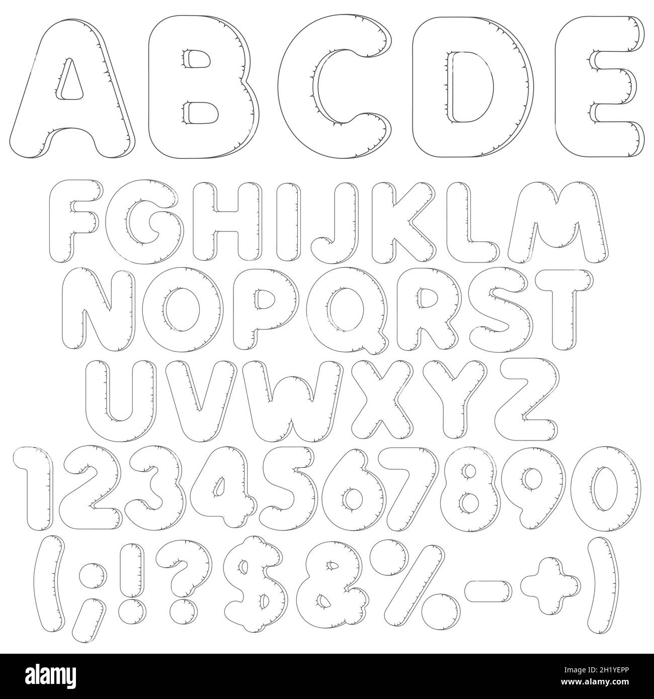 Alphabet gonflable, lettres, chiffres et signes.Ensemble d'objets vectoriels isolés en noir et blanc sur fond blanc. Illustration de Vecteur