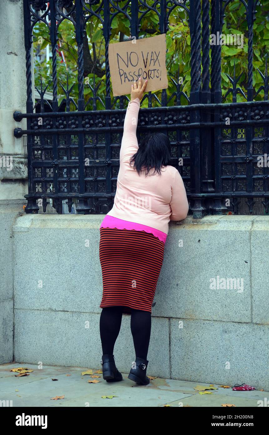 Londres, Royaume-Uni.19 octobre 2021.Seul anti vax passeport protestataire atteint pour montrer son signe pour les politiciens à l'intérieur des chambres du Parlement à lire.Credit: JOHNNY ARMSTEAD/Alamy Live News Banque D'Images