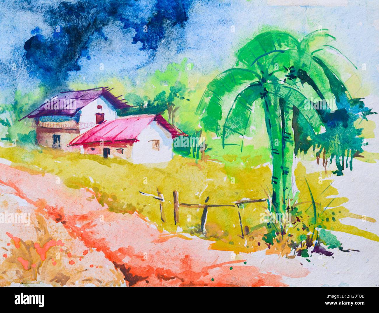Peinture d'aquarelle de village indien brillant , illustration peinte à la main.Une maison de village, bananiers et route à travers.Paysage rural. Banque D'Images