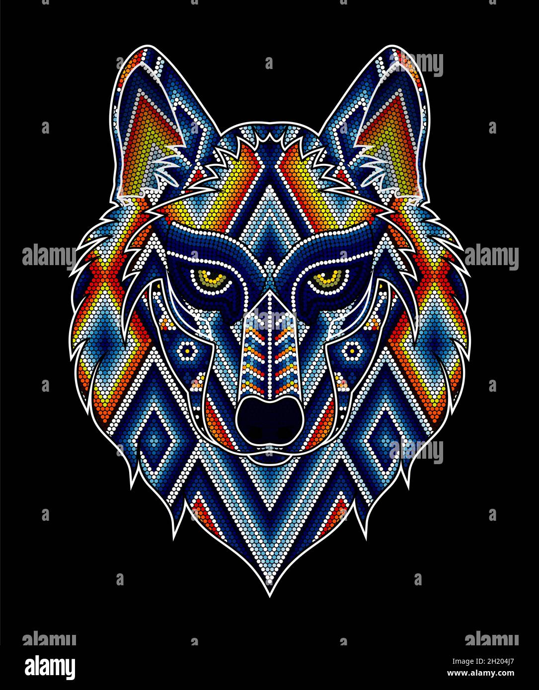 Illustration vectorielle de la tête de loup à perles colorées inspirée de l'art mexicain du huichol. Isolée sur fond noir. Illustration de Vecteur