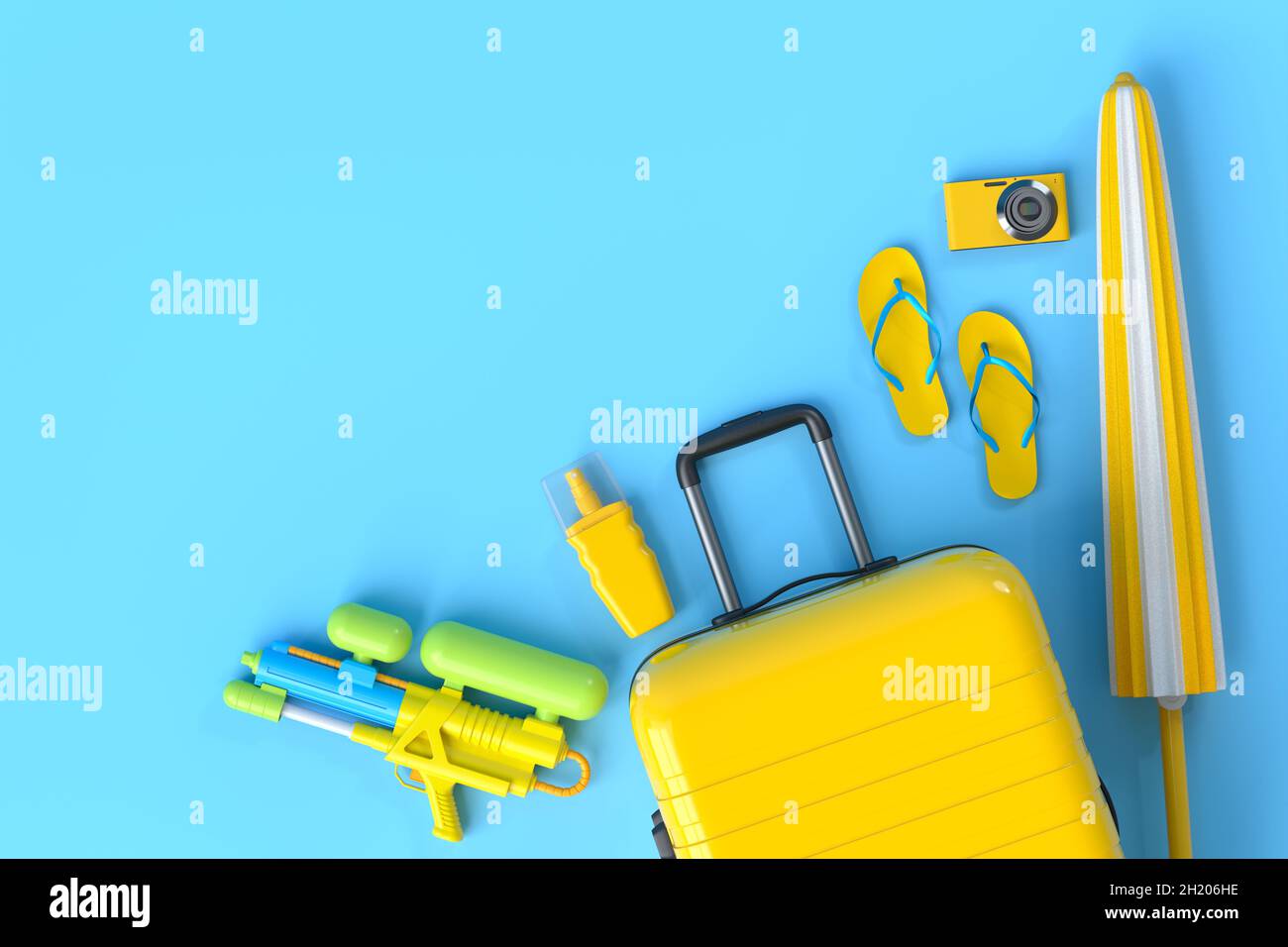 Valise ou bagage coloré avec accessoires de plage comme des tongs, un  pistolet à eau, de la crème solaire et un parasol sur fond bleu.Rendu 3D  des vacances d'été Photo Stock -