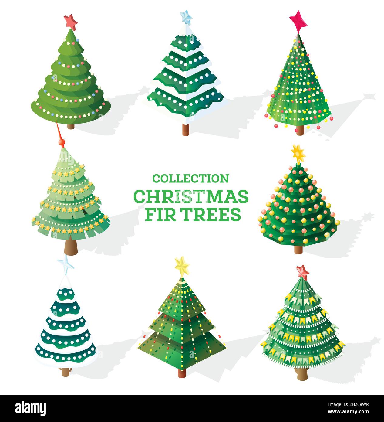 Collection d'arbres de Noël isométriques avec guirlandes, casquettes de neige, drapeaux et étoiles.Illustration vectorielle.Ensemble d'icônes 3d isolées sur blanc.Joyeux nouveau. Illustration de Vecteur