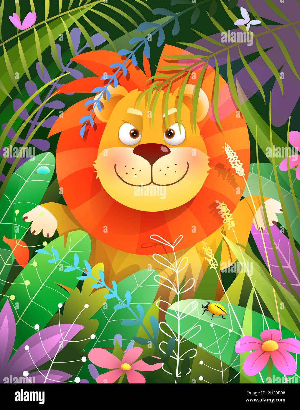 Petit lion bébé curieux dans Jungle Forest Illustration de Vecteur