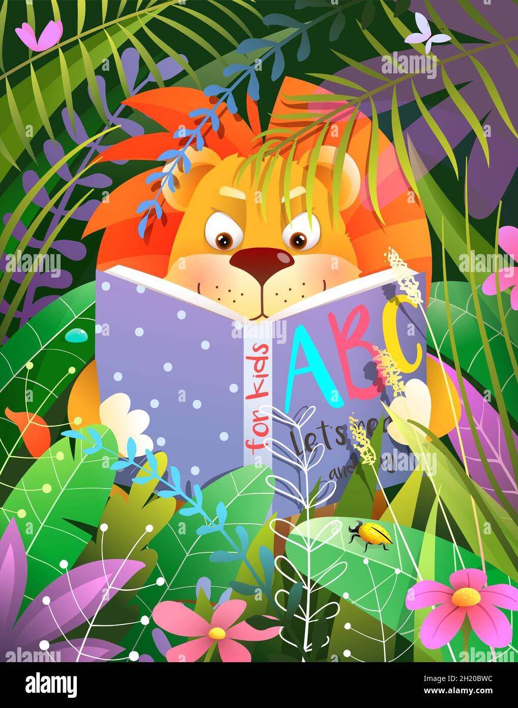 Livre d'étude ou de lecture de Lion dans la jungle tropicale Illustration de Vecteur