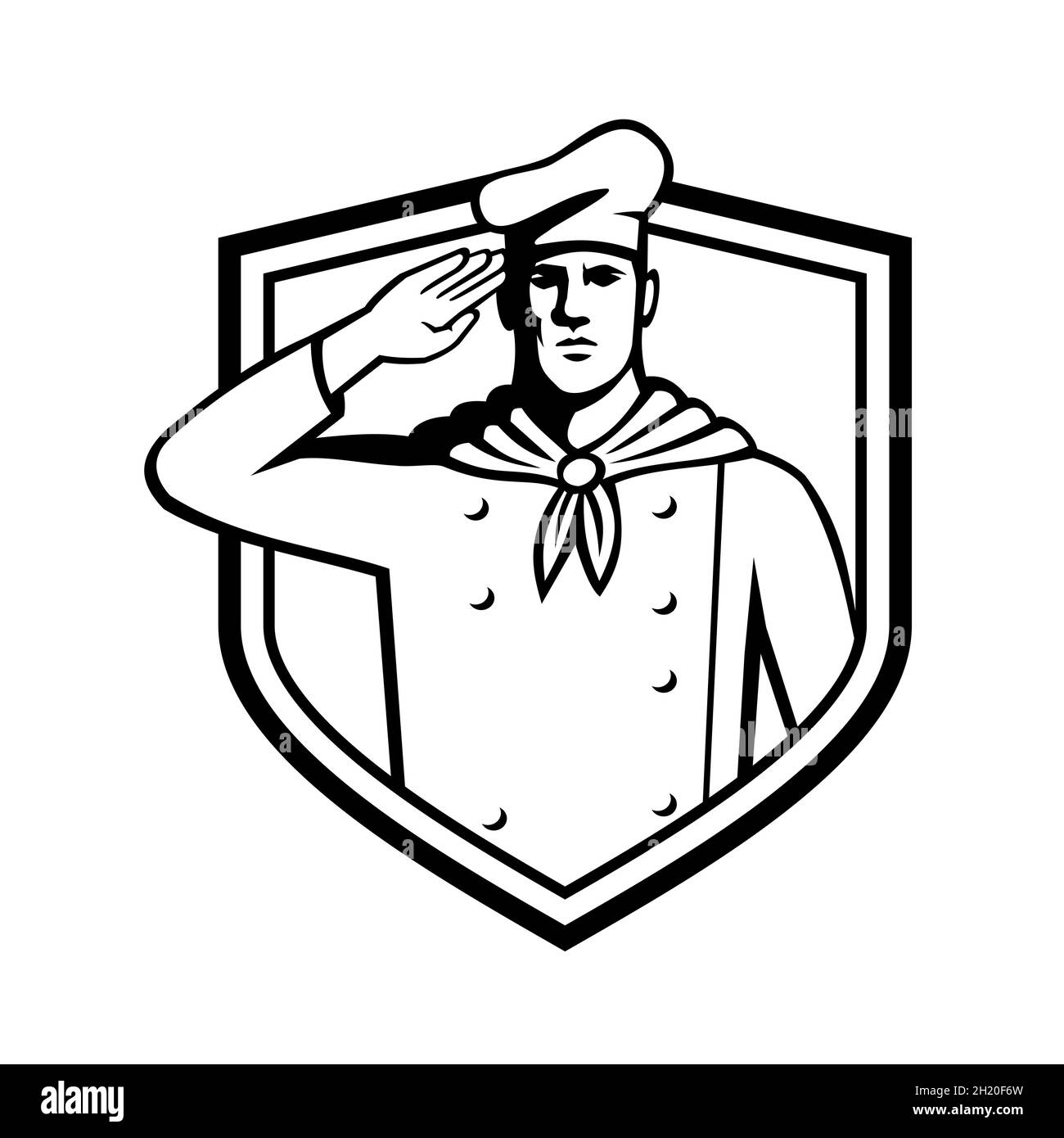 Chef militaire cuisinier saluting vue de face ensemble intérieur Crest rétro de style noir et blanc Banque D'Images