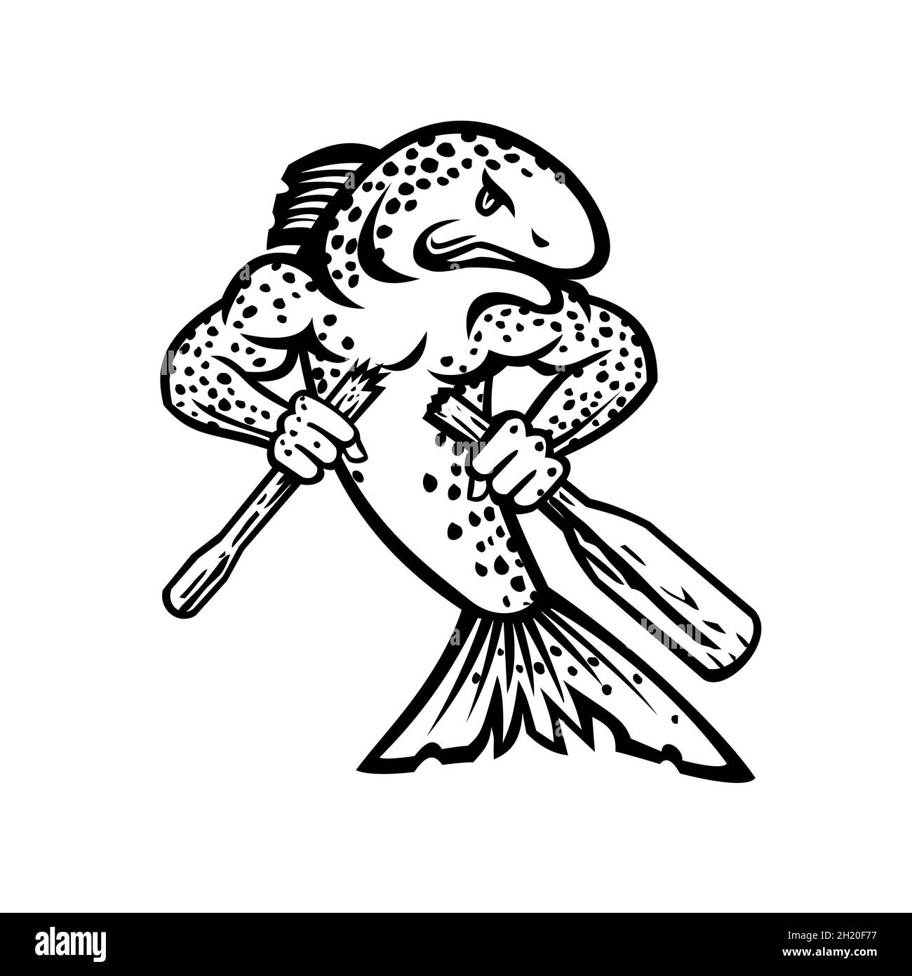 Truite brune Salmo trutta saumon brisant un OAR ou une mascotte de paddle noir et blanc Banque D'Images