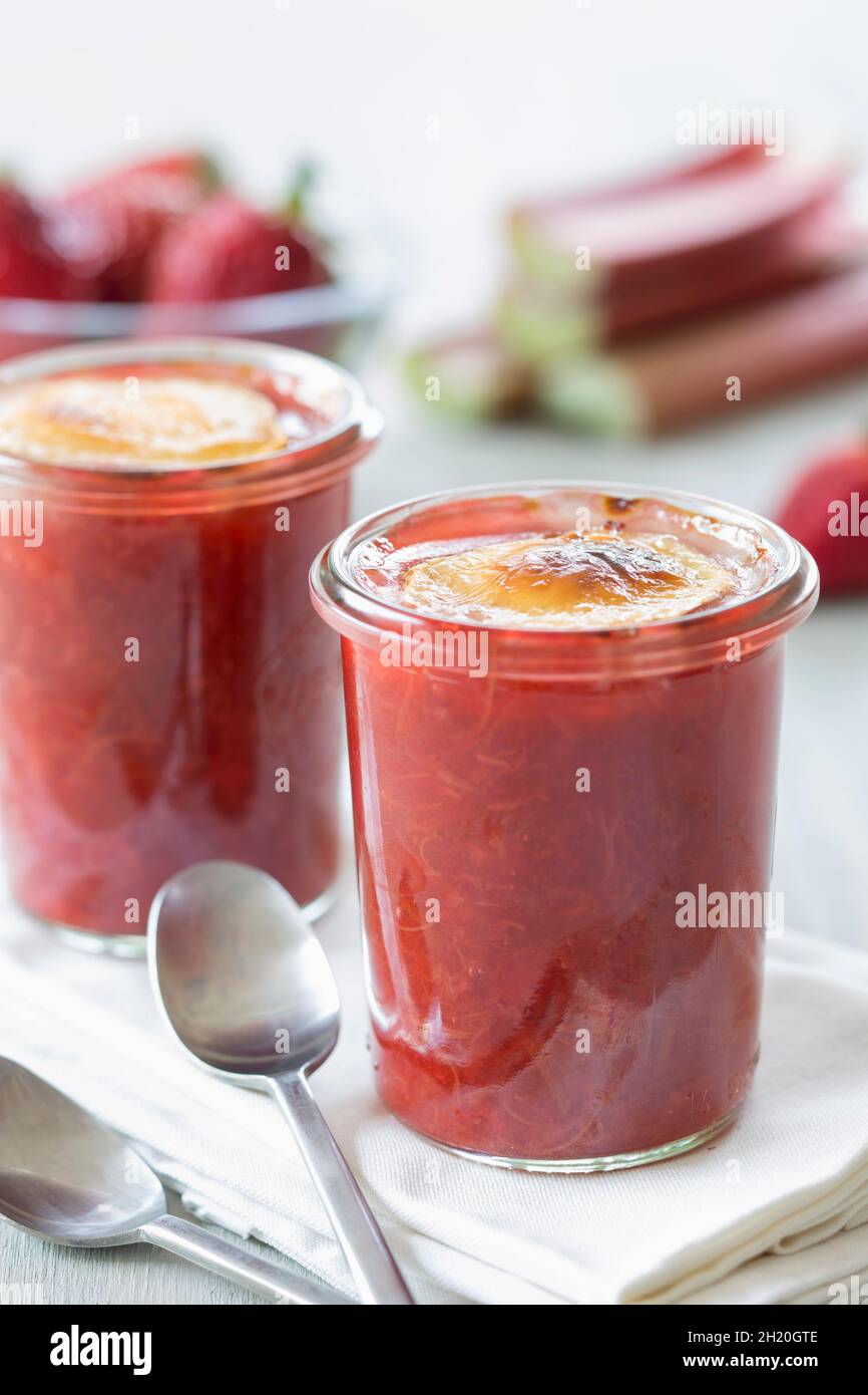 Compote de fraise et de rhubarbe avec fromage de chèvre Banque D'Images