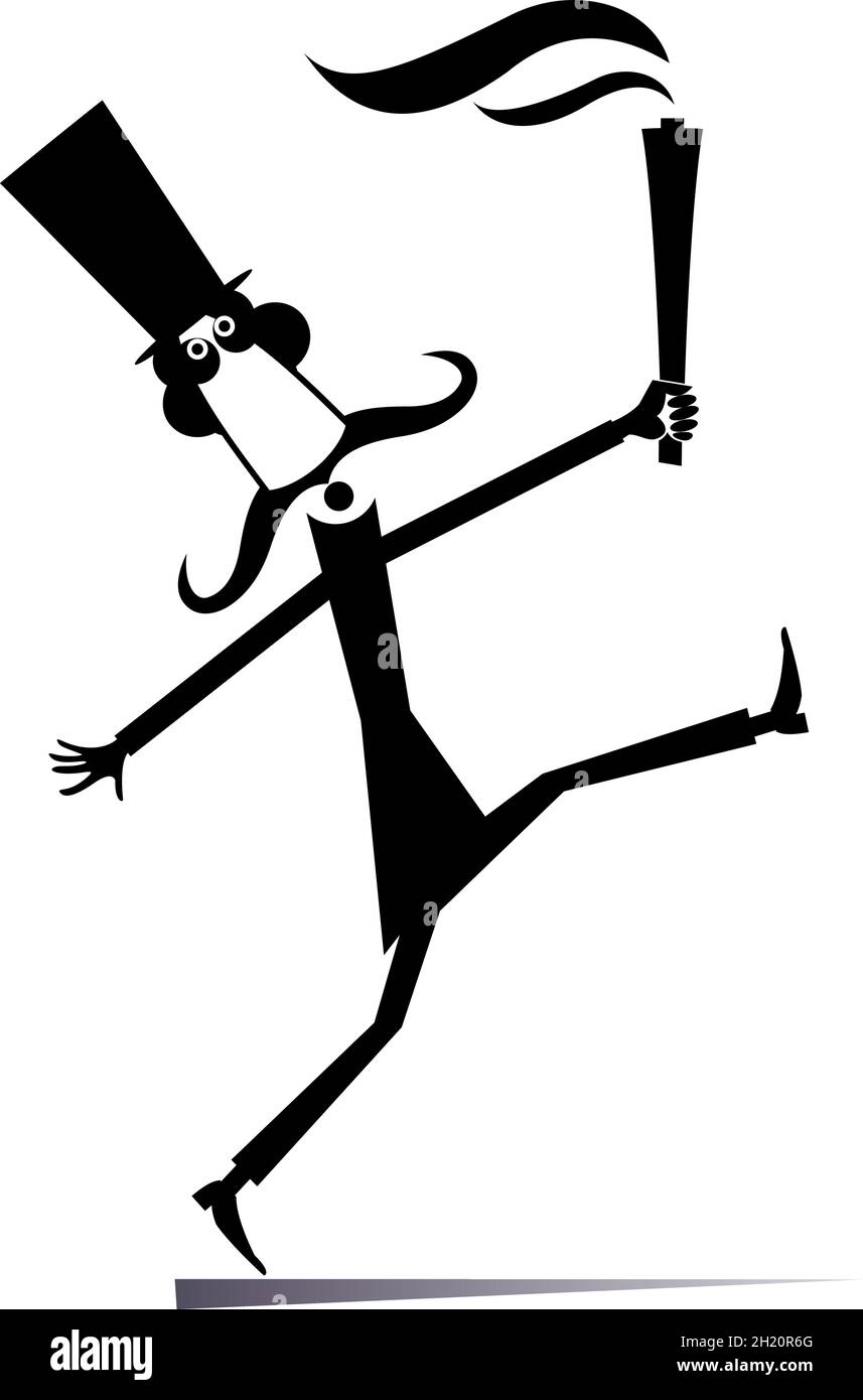 Homme de dessin animé dans le chapeau supérieur tient une illustration de torche.Drôle de moustache homme long dans le chapeau avec une torche noir sur fond blanc Illustration de Vecteur