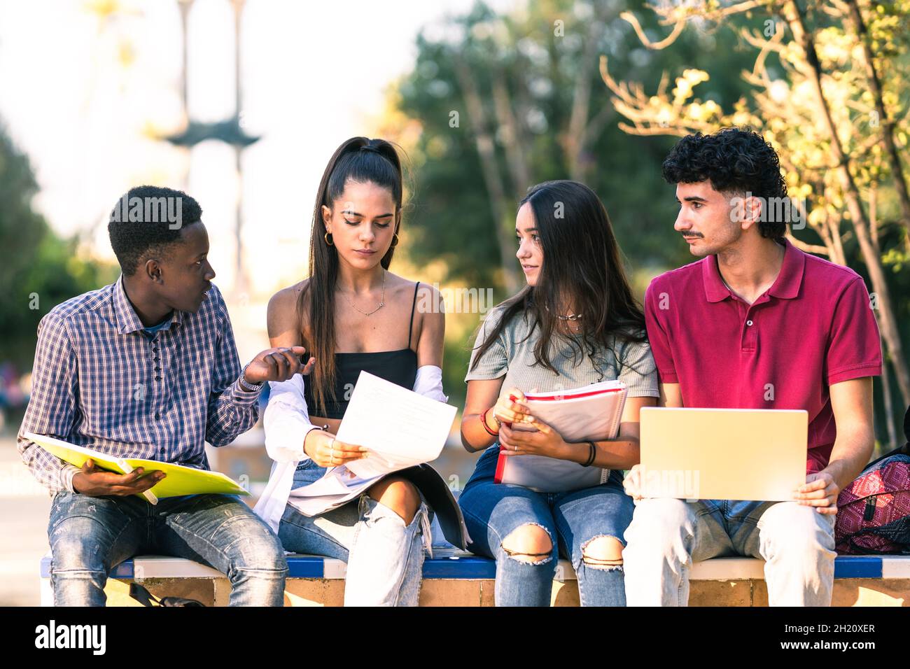 Groupe multiracial d'amis utilisant un ordinateur portable et étudiant en étant assis dans un parc Banque D'Images