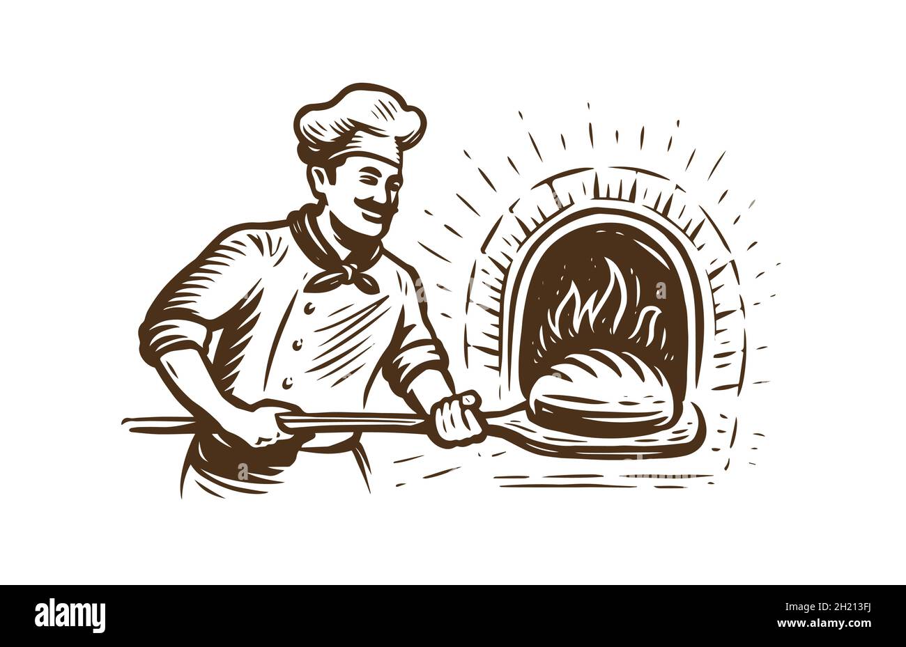 Baker tenant la plaque de cuisson dans un four à bois.Illustration vectorielle de style rétro Illustration de Vecteur