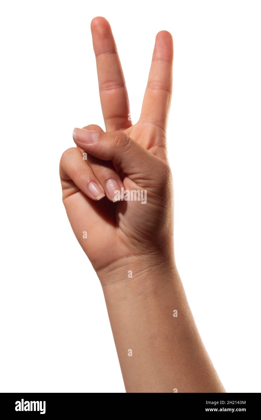 Geste de la main v ou paix dans la langue des signes.Isolé sur fond blanc.V avec main femelle. Banque D'Images