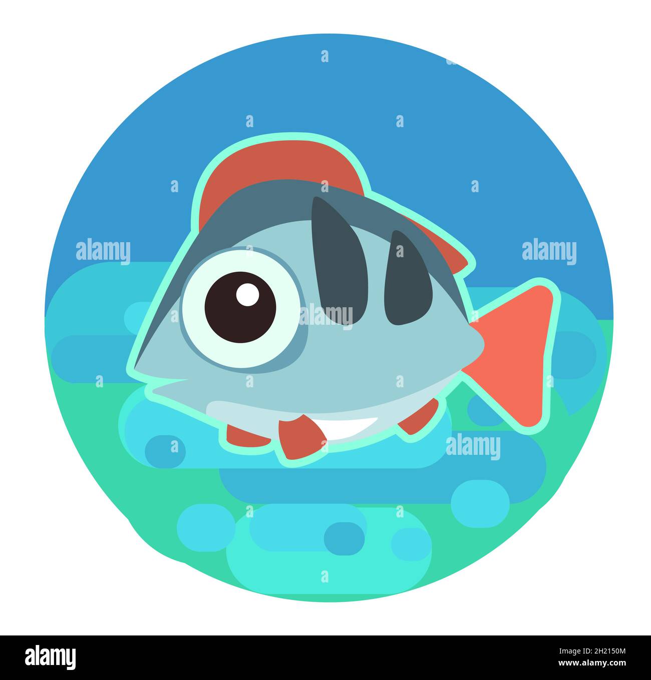 Poisson bleu tropical. Petit paysage. La vie sous-marine. Animaux sauvages. Océan, mer. Eau d'été. Isolé sur fond blanc. Illustration en dessin animé Illustration de Vecteur