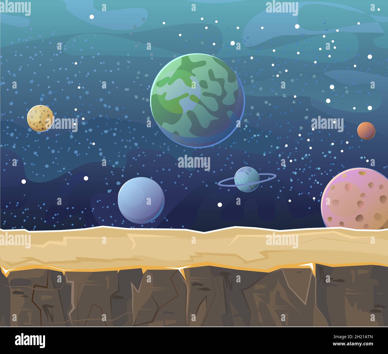 Arrière-plan COSMOS.Plate-forme.Paysage de ciel étoilé.Planètes et leurs satellites.Style plat.Dessin animé.Vecteur Illustration de Vecteur