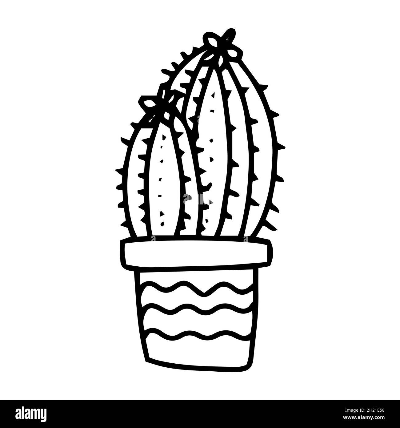 Cactus à nouilles dessinés à la main dans un pot. Vecteur décoratif cactus d'intérieur et de bureau. doodle plantes illustration isolée sur un fond blanc. Logo Illustration de Vecteur