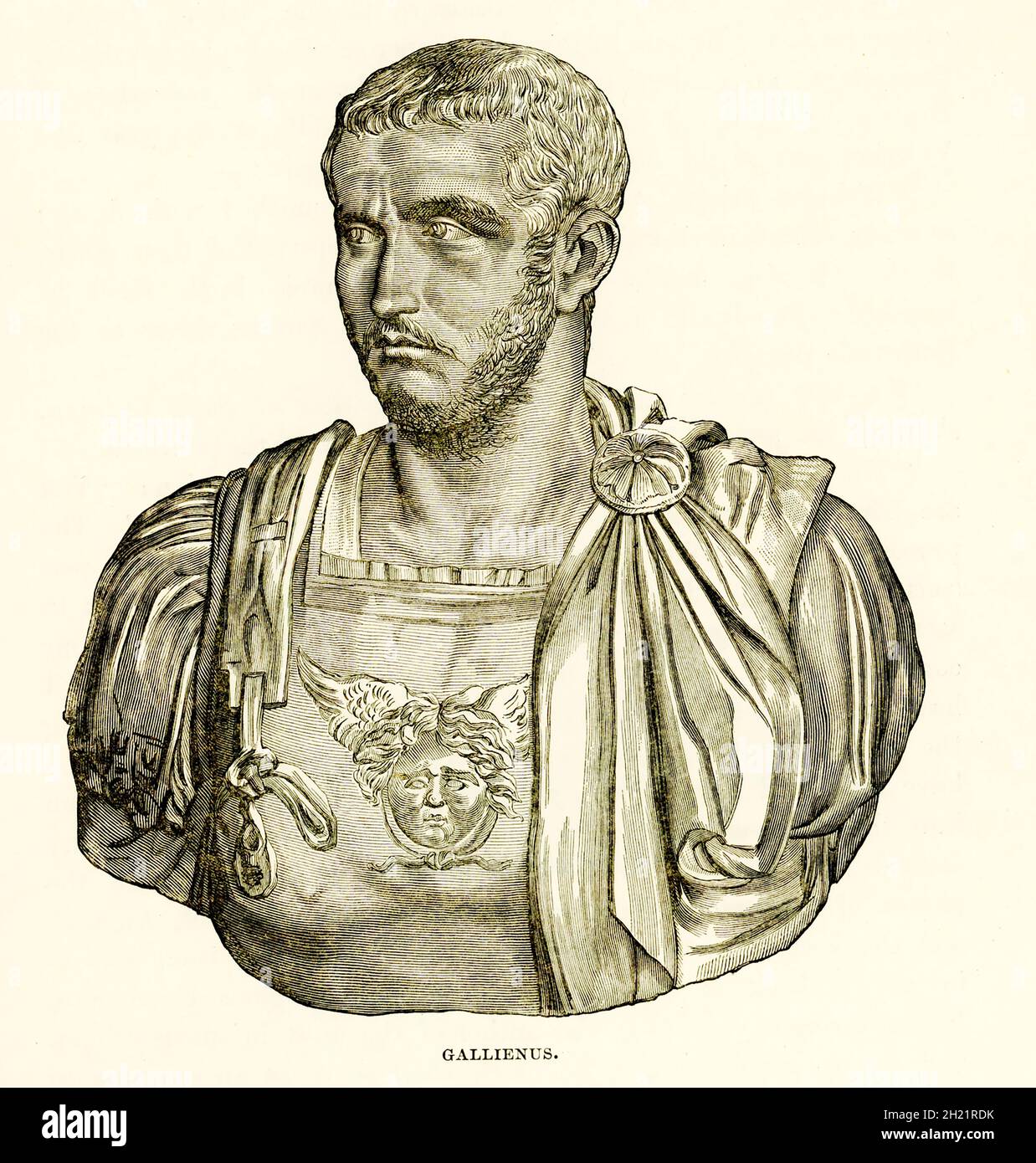 Cette illustration de 1884 montre le buste de l'empereur romain Gallienus qui est logé dans le Musée Capitoline dans la salle des Empereurs.Gallienus était empereur romain avec son père Valérien de 253 à 260 après J.-C. et seul de 260 à 268 après J.-C.Il régna pendant la crise du troisième siècle qui a presque causé l'effondrement de l'empire. Banque D'Images