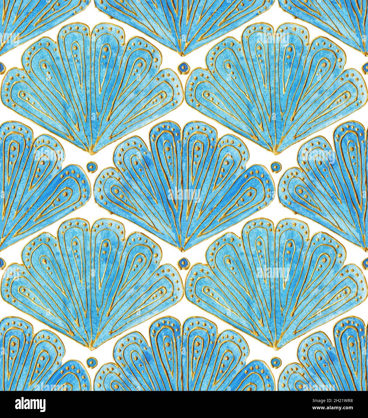 Motif bleu en forme de éventail avec lignes et points dorés.Design oriental.Seashell est un simple motif.Décoration géométrique or sans couture sur indigo. Banque D'Images