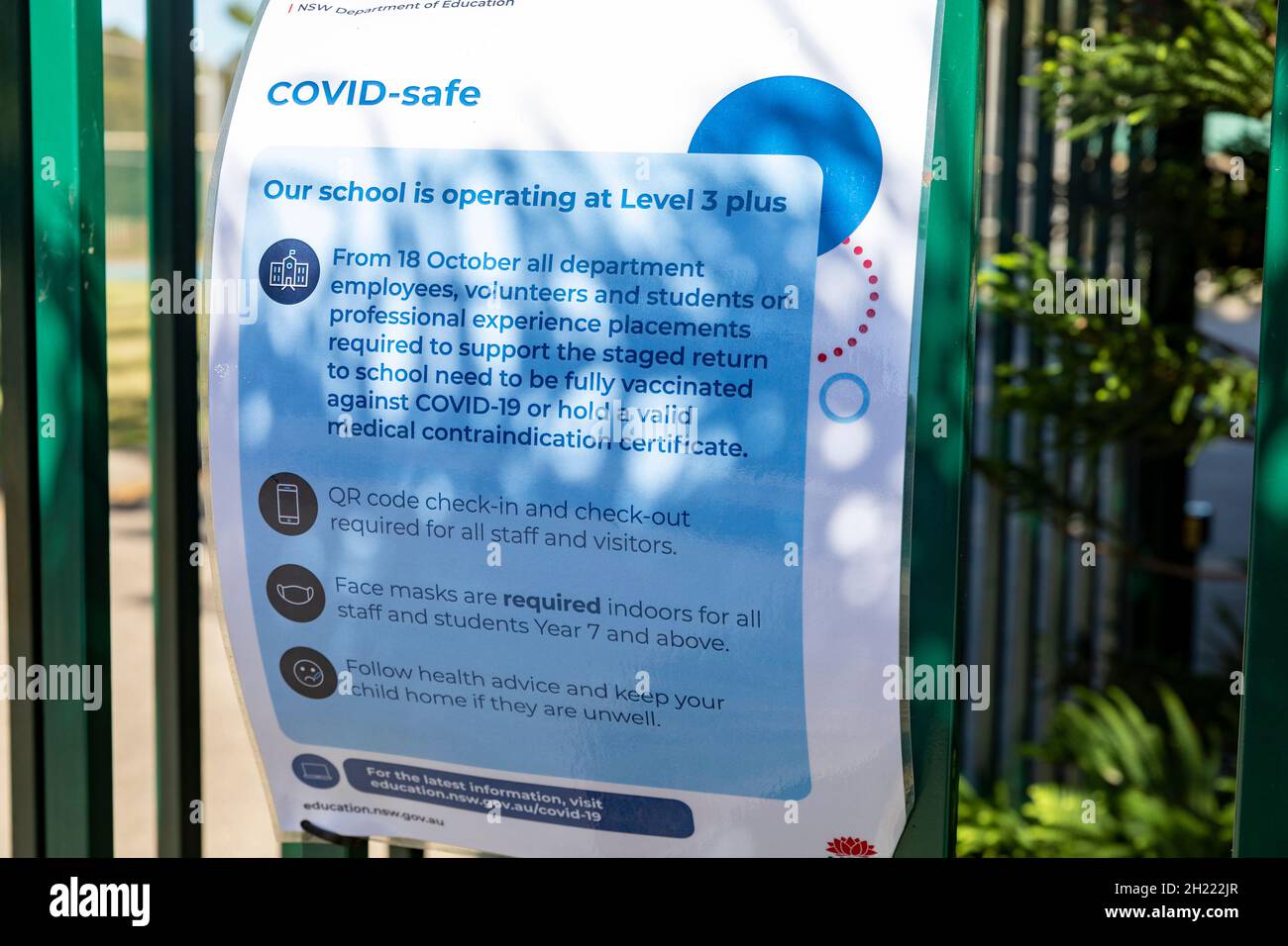 Covid avis de sécurité dans une école secondaire de Sydney pendant la pandémie,Sydney,Australie Banque D'Images