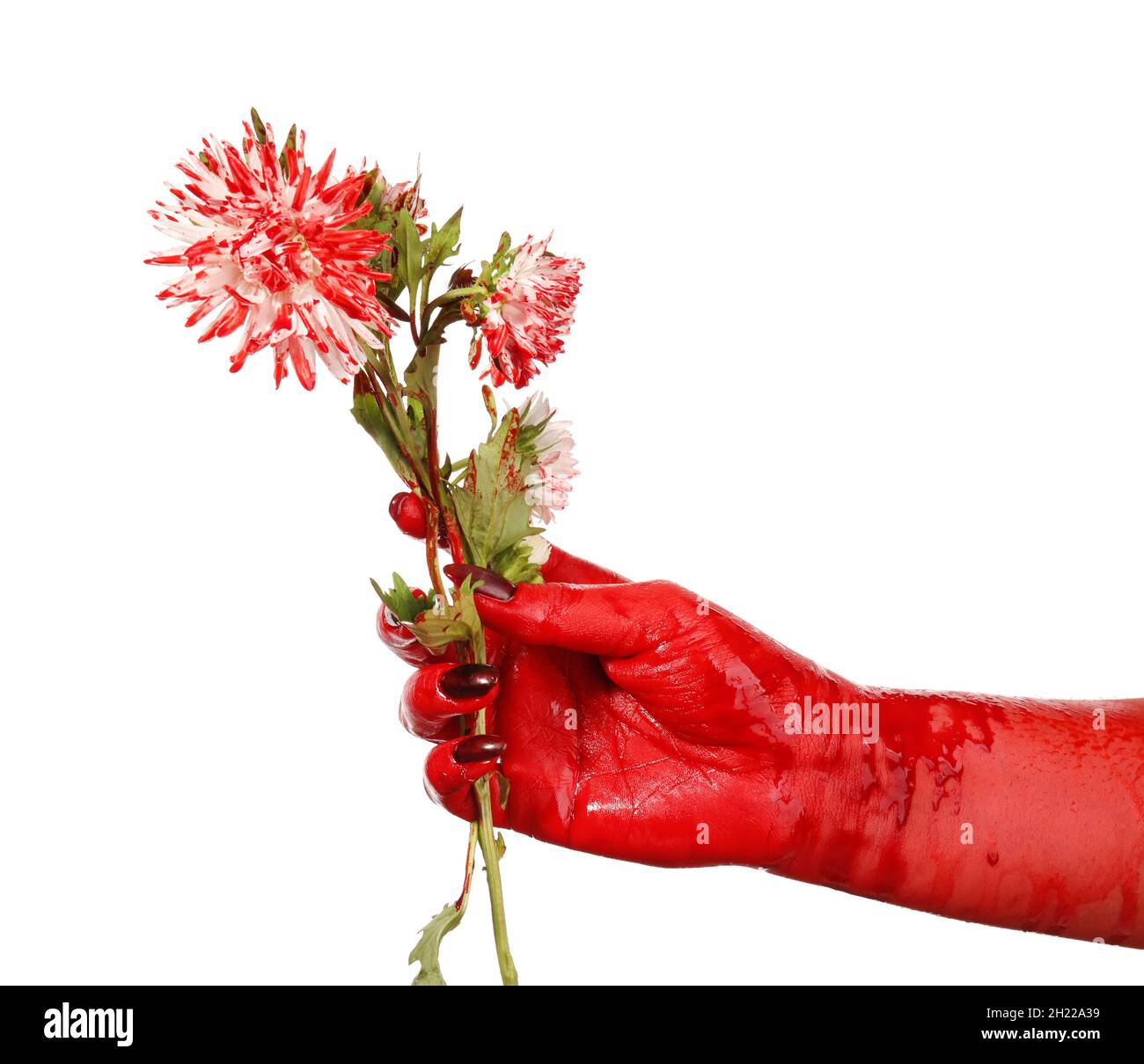 Main colorée de sang avec fleurs sur fond blanc Banque D'Images