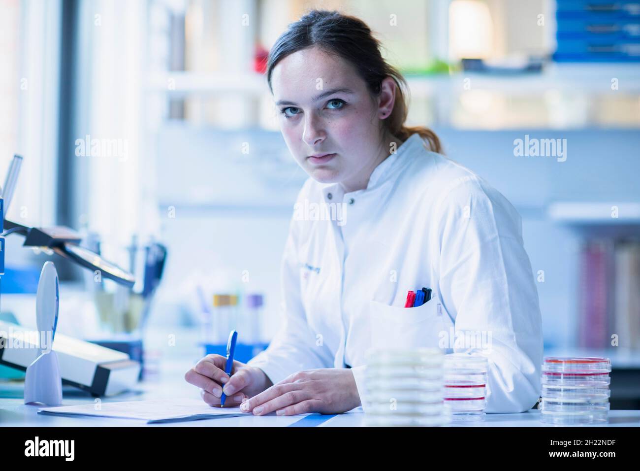 Un technicien de laboratoire avec des échantillons dans une boîte de Petri travaille dans un laboratoire avec des équipements de laboratoire et écrit le protocole, Fribourg, Bade-Wurtemberg, Allemagne Banque D'Images