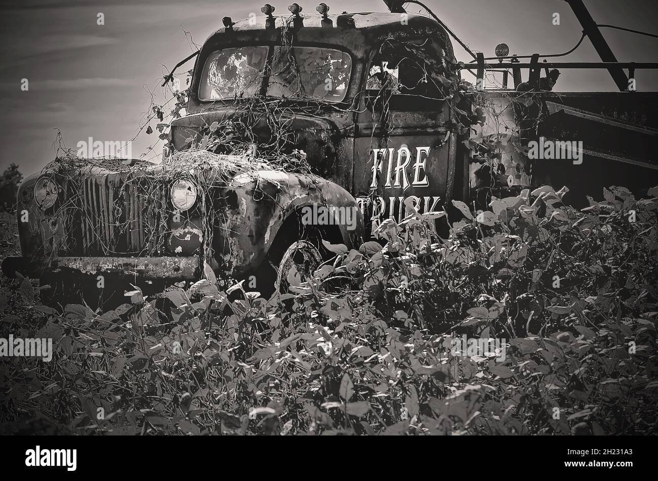Un ancien camion de feu LaFrance américain des années 1940 se trouve dans un champ sur l'autoroute 98, le 16 octobre 2021, à Fairhope, Alabama. Banque D'Images