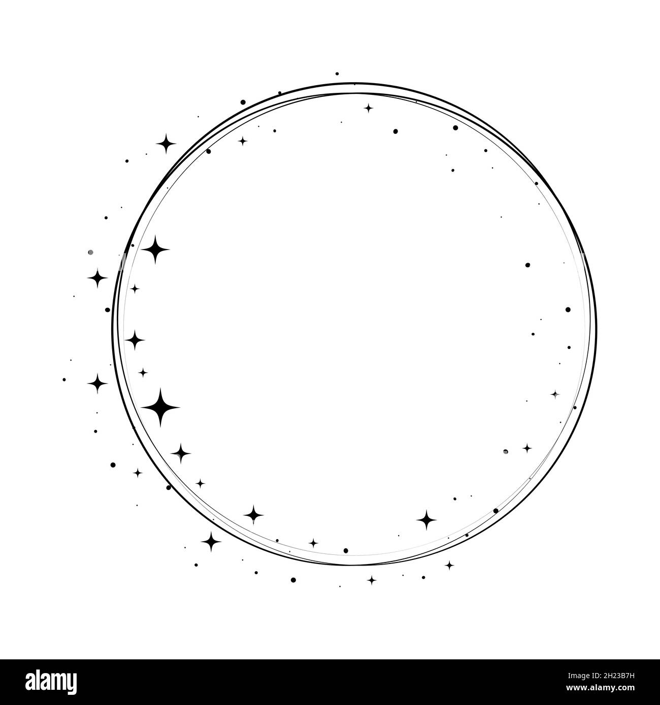 Cadre en forme de cercle en étoile étincelante.Couronne ronde bordure stardust pour fête, décoration d'anniversaire.Cadre Laurel avec éclat cosmique scintillant.Illustration noire isolée à vecteur plat. Illustration de Vecteur
