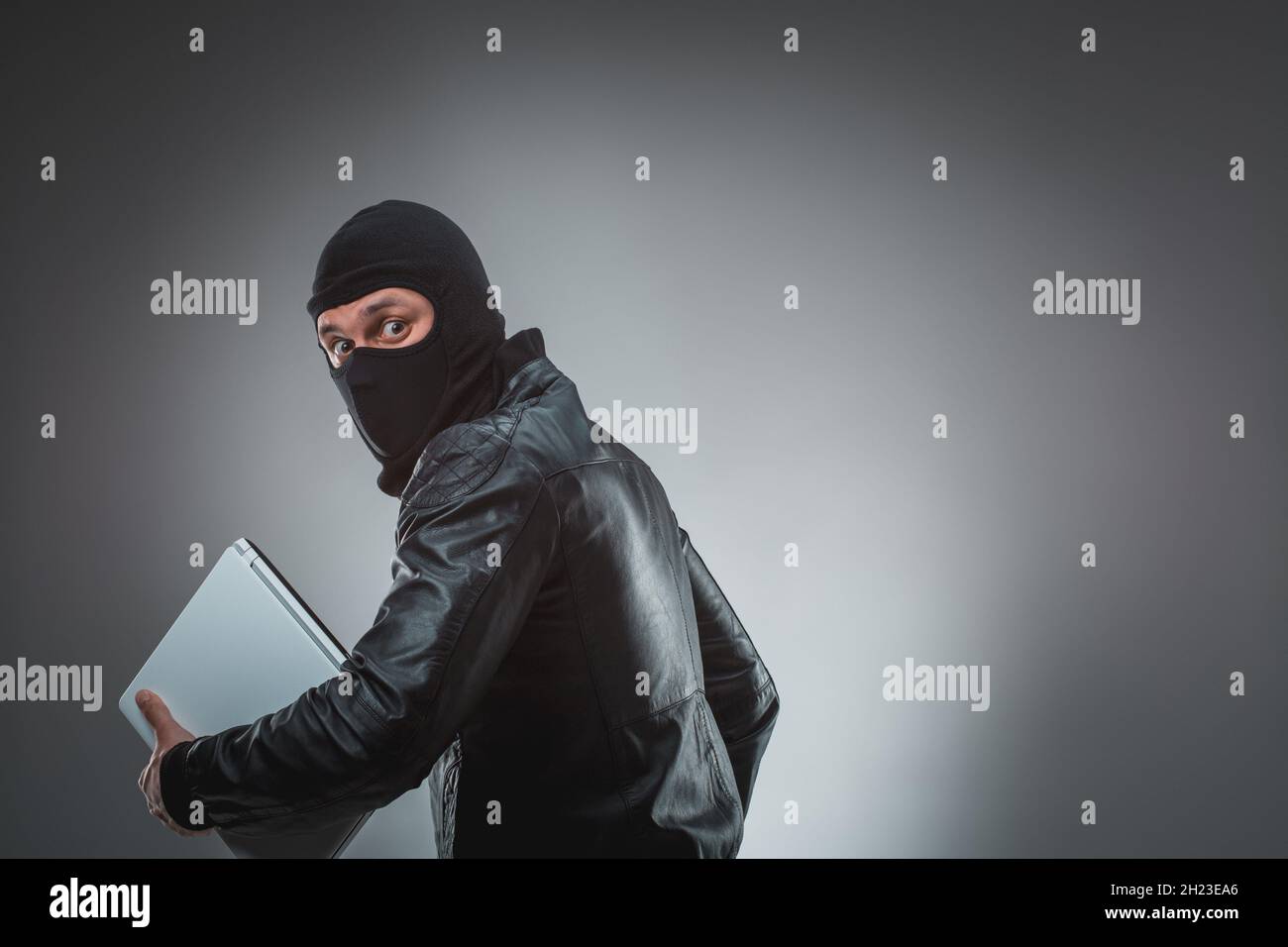 Voleur qui vole un ordinateur portable.Isolé sur fond gris Photo Stock -  Alamy