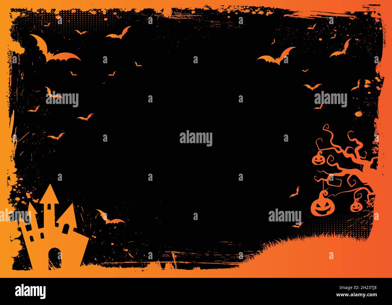 Fond horizontal de dégradé orange de Halloween avec bordure de grunge, chauve-souris, citrouille Illustration de Vecteur