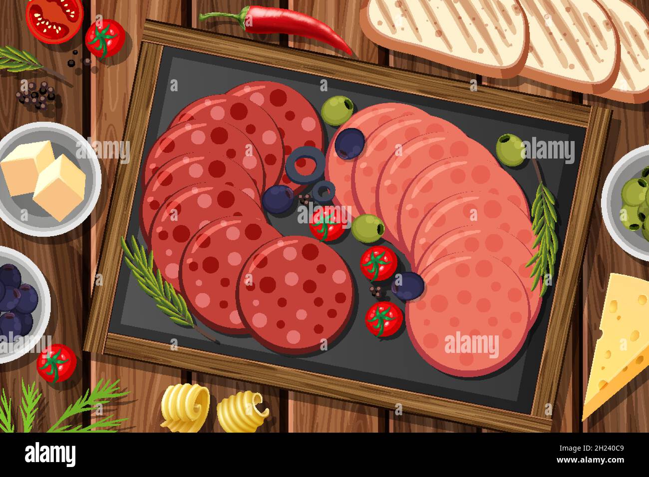 Plateau de pepperoni et de salami sur l'illustration de fond de table en bois Illustration de Vecteur