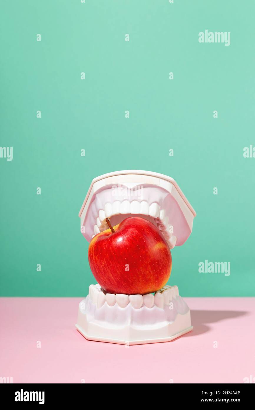 Les mâchoires en plastique maintiennent la pomme rouge dans les dents.Concept de la santé dentaire et de la dentisterie.Art créatif coloré Banque D'Images