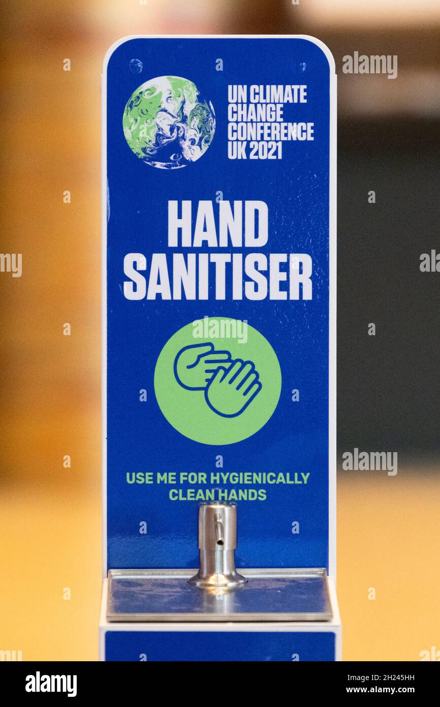 COP26 Conférence des Nations Unies sur les changements climatiques Royaume-Uni 2021 main Sanitizer, Glasgow, Écosse Banque D'Images