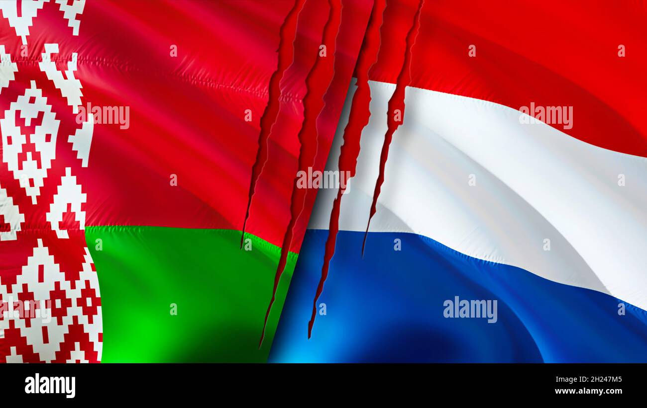 Biélorussie et pays-Bas drapeaux avec le concept de cicatrice.Drapeau  d'ondulation, rendu 3D.Pays-Bas et Bélarus concept de conflit.Belarus pays- Bas relations con Photo Stock - Alamy