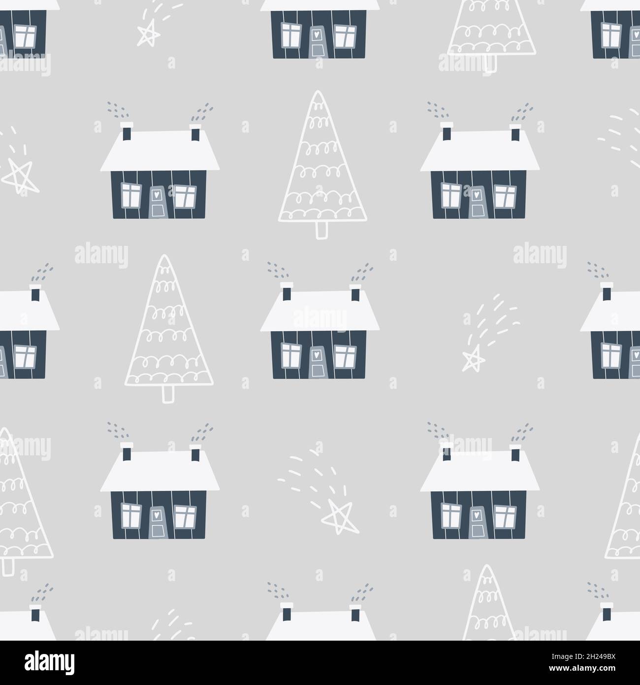 Symboles Noël et nouvel an avec maison d'hiver et arbres de Noël scandinave dessinés à la main sans couture.Joli imprimé vectoriel.Papier numérique.DESIG Illustration de Vecteur
