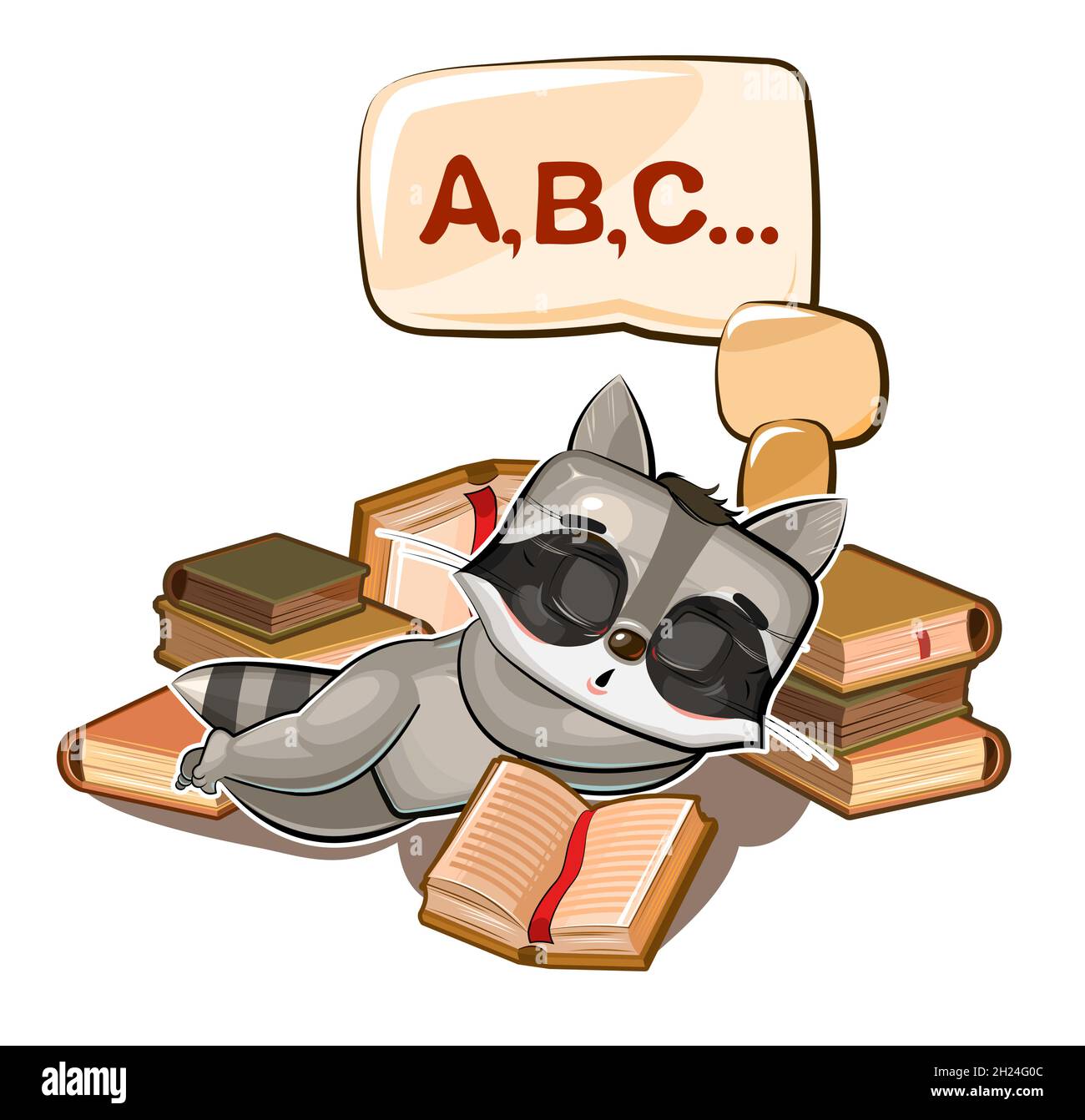 Bébé Raccoon dort sur des livres.Rêver d'un rêve avec des lettres.ABC.Illustration pour enfants.Bien.Le bébé animal s'est endormi.Image de style dessin animé. Illustration de Vecteur