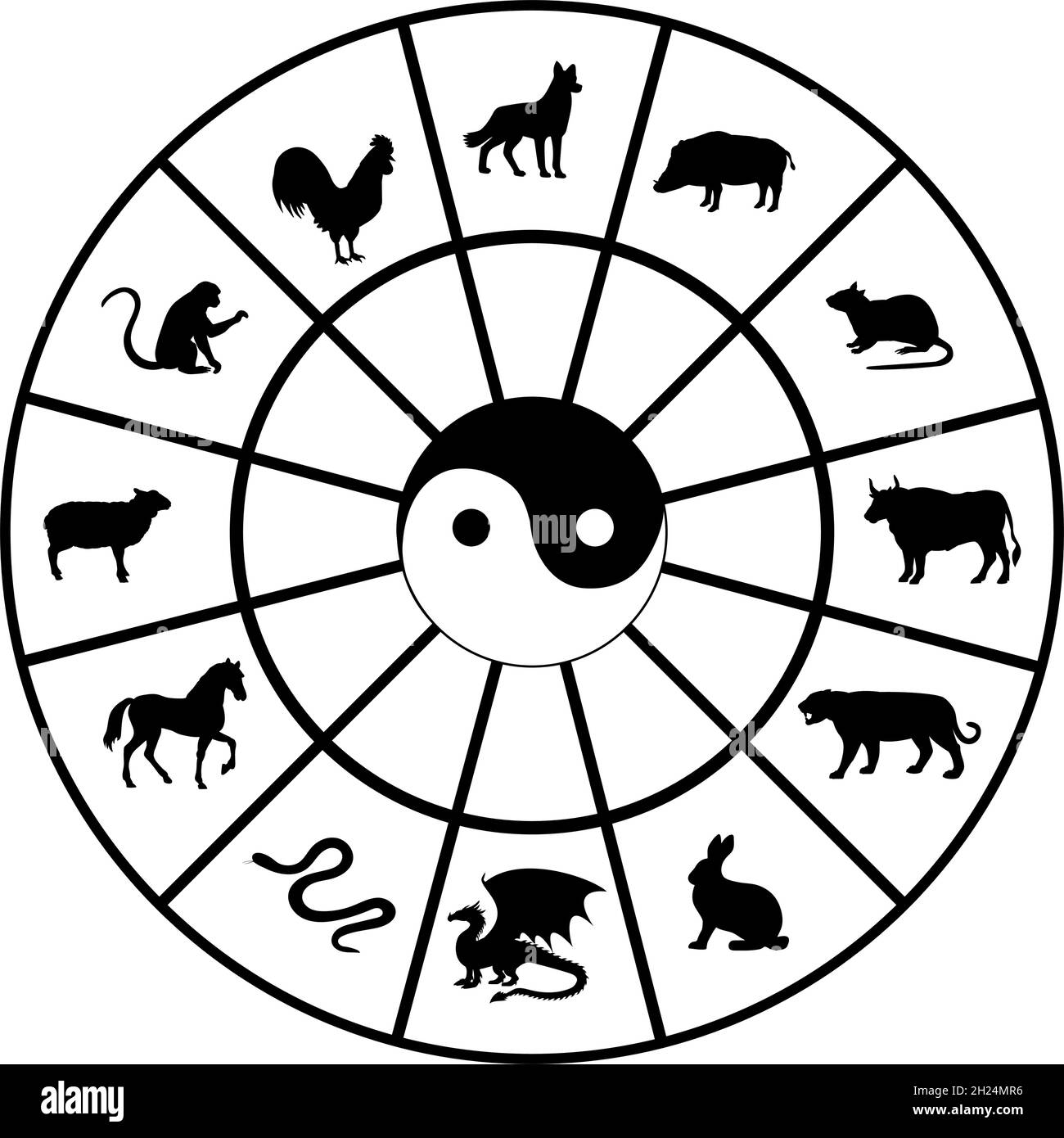 Silhouettes d'animaux dans le calendrier chinois. Horoscope avec signes du zodiaque Illustration de Vecteur