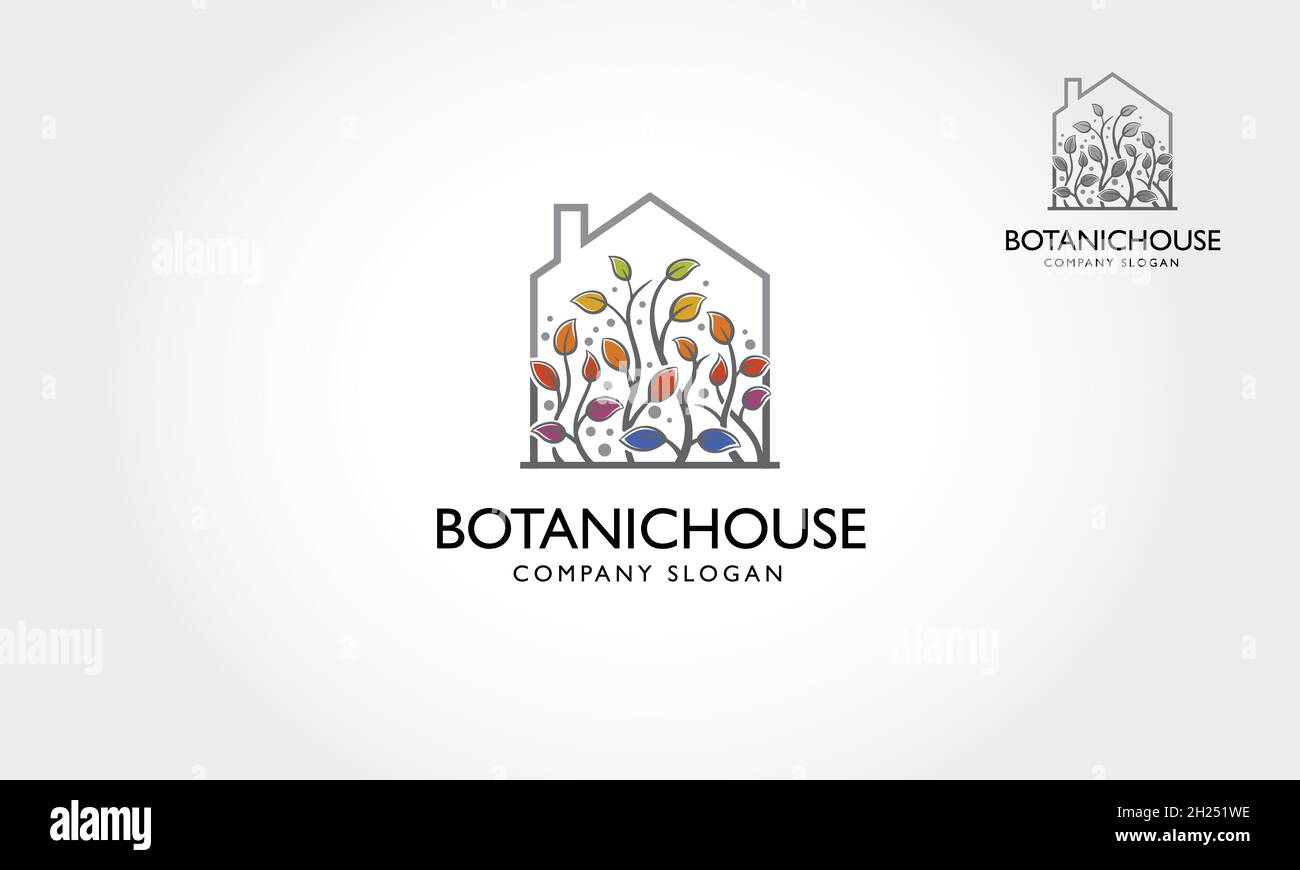 Modèle de logo Botanic House Vector.Le symbole principal du logo est un jardin, incorporer à la maison.Ce logo symbolise un quartier, etc Illustration de Vecteur