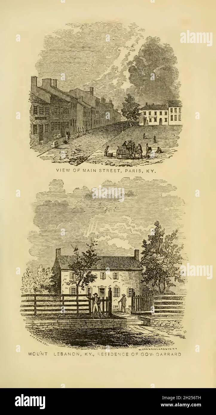 Rue principale, Paris, KY (en haut) et Mont Liban KY, résidence de Gov.Gerrard de bas le livre ' Historical Sketches of Kentucky (1847) ' SON HISTOIRE, ANTIQUITÉS, ET CURIOSITÉS NATURELLES, GÉOGRAPHIQUE, STATISTIQUE,ET DES DESCRIPTIONS GÉOLOGIQUES.AVEC DES ANECDOTES DE LA VIE DE PIONNIER par Lewis Collins.Publié par Lewis Collins, Maysville, KY. Et J. A. & U. P. James Cincinnati. En 1847 Banque D'Images