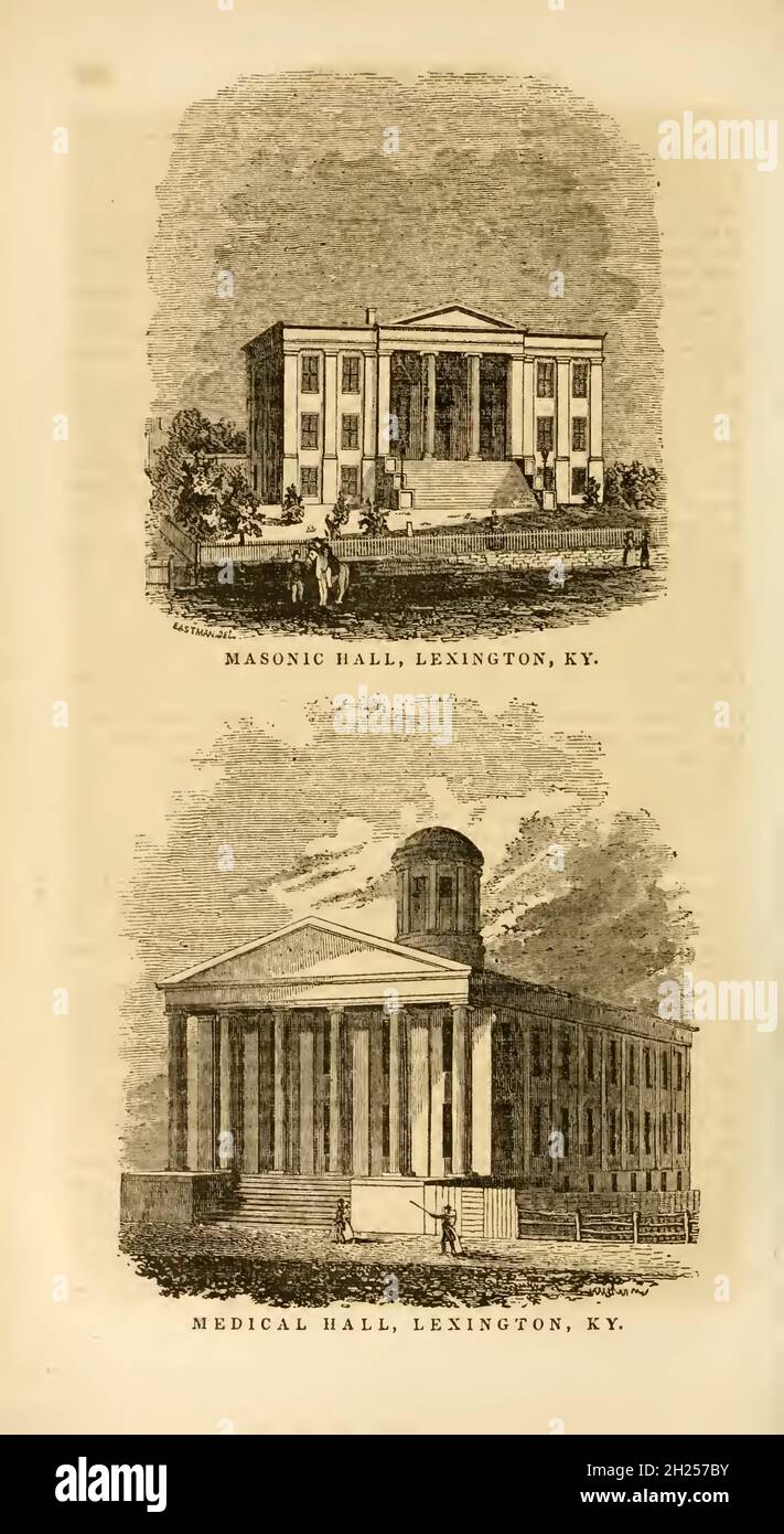 Masonic hall (Top) Medical Hall (Bottom), Lexington, KY du livre ' Historical Sketches of Kentucky (1847) ' SON HISTOIRE, ANTIQUITÉS, ET CURIOSITÉS NATURELLES, GÉOGRAPHIQUE, STATISTIQUE,ET DES DESCRIPTIONS GÉOLOGIQUES.AVEC DES ANECDOTES DE LA VIE DE PIONNIER par Lewis Collins.Publié par Lewis Collins, Maysville, KY. Et J. A. & U. P. James Cincinnati. En 1847 Banque D'Images