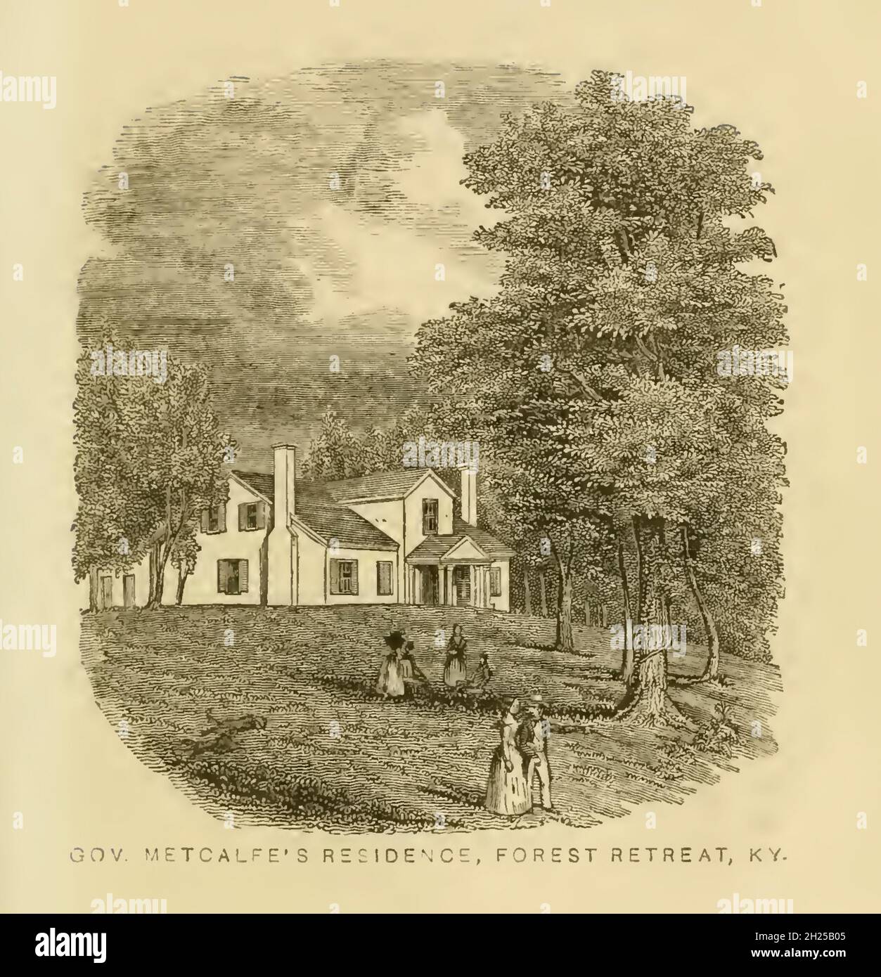 Résidence du Gouverneur Metcalfe, Forest Retreat, KY du livre ' Historical Sketches of Kentucky (1847) ' SON HISTOIRE, ANTIQUITÉS, ET CURIOSITÉS NATURELLES, GÉOGRAPHIQUE, STATISTIQUE,ET DES DESCRIPTIONS GÉOLOGIQUES.AVEC DES ANECDOTES DE LA VIE DE PIONNIER par Lewis Collins.Publié par Lewis Collins, Maysville, KY. Et J. A. & U. P. James Cincinnati. En 1847 Banque D'Images