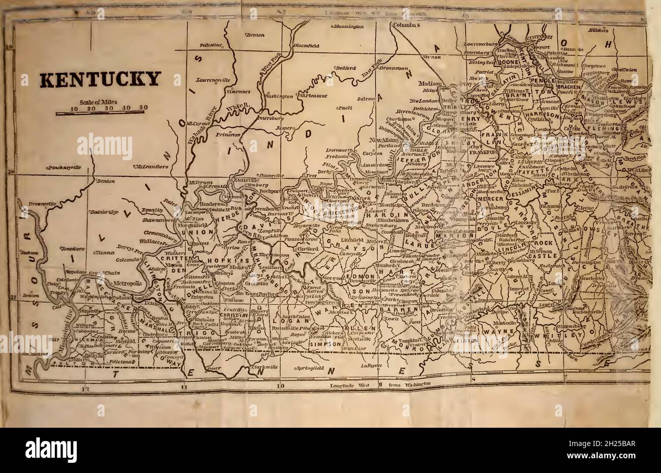 Carte du Kentucky 1847 du livre ' Historical Sketches of Kentucky (1847) ' SON HISTOIRE, ANTIQUITÉS, ET CURIOSITÉS NATURELLES, GÉOGRAPHIQUE, STATISTIQUE,ET DES DESCRIPTIONS GÉOLOGIQUES.AVEC DES ANECDOTES DE LA VIE DE PIONNIER par Lewis Collins.Publié par Lewis Collins, Maysville, KY. Et J. A. & U. P. James Cincinnati. En 1847 Banque D'Images