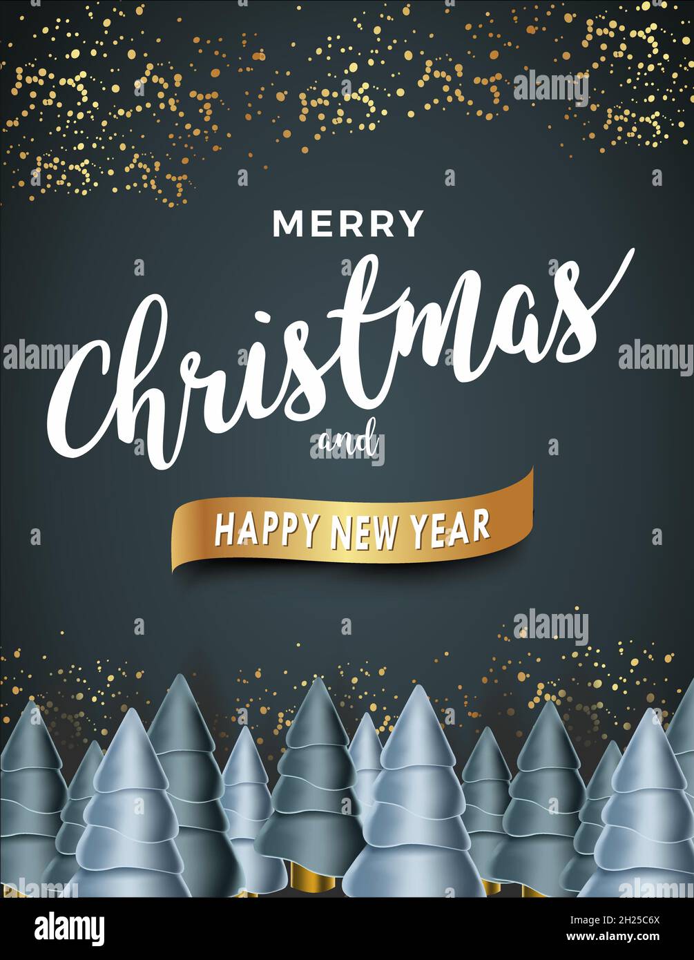 carte joyeux noël et joyeux nouvel an avec arbres de noël et paillettes Illustration de Vecteur